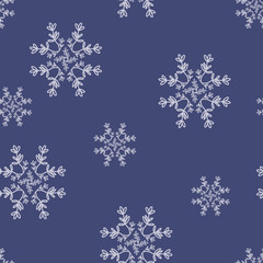 Vector Floral Star Snowflakes on Navy Blue seamless pattern background.