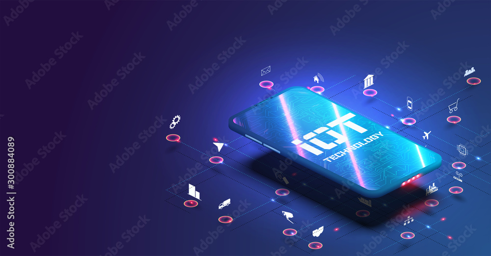 Poster internet of things (iot) and networking concept for connected devices. smartphone network communicat