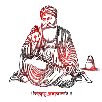 Beautiful sketch with red shine Illustration  of guru nanak ji on the guru nanak jayanti (Gurpurab).