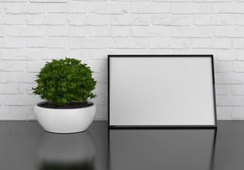 Interior poster mock up with square frame and plants in vase on white wall background, 3d illustration