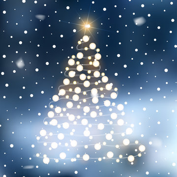 Christmas background with Xmas tree lights and snowy space. Vector