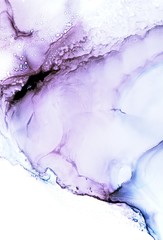 Abstract background in alcohol ink technique. Blue violet ice marble texture on white. Wash drawing effect wallpaper. Modern illustration for card design, creative banners and ethereal graphic design. - 300885201