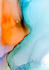 Abstract background in alcohol ink technique. Turquoise and orange marble texture. Wash drawing effect wallpaper. Modern illustration for card design, creative banners and ethereal graphic design. - 300885209