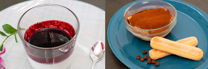 Collage, delicious dessert panna cotta and tiramisu biscuits Savoiardi