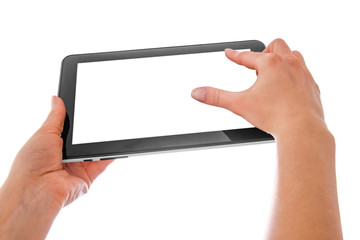 in human hands tablet computer touch-screen gadget with isolated