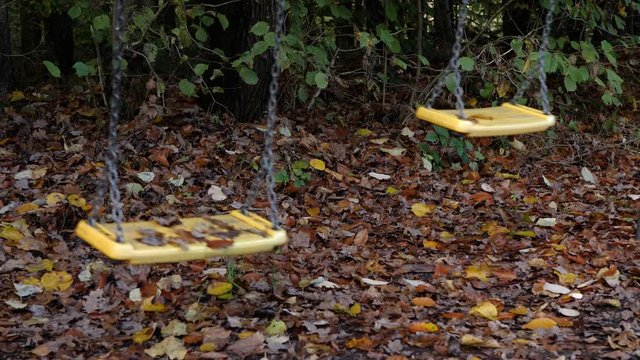 Two empty swings in forest area move by themselves, no people. Creepy and scary mood.