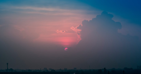 panorama of the silhouette city .Contour of skyscrapers, panorama of the city. sunset background