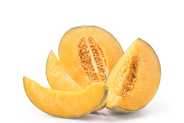 Beautiful tasty sliced juicy cantaloupe melon, muskmelon, rock melon isolated on white background, close up, clipping path, cut out.