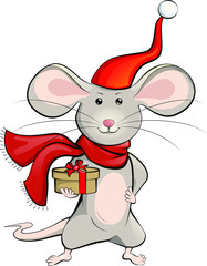 Colorful new year symbol 2020 rat in Santa Claus hat with gift in hand vector illustration. For greeting cards, calendars, prints. Hand draw mouse for Cristmas New Year design. Isolated on a white bac