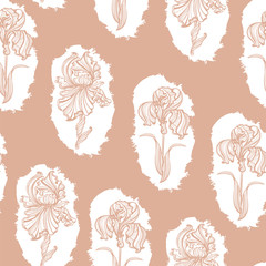 seamless pattern of flowers and leaves of irises in vintage style Art Nouveau