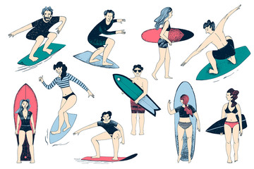Hand drawn surfers set. Men and women surfing