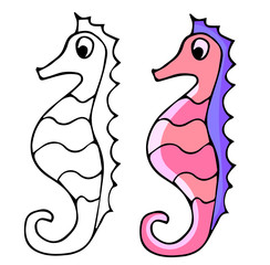 Seahorse art flat, doodle for kids and design. Coloring and color.