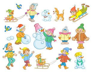 Children in winter. Boys and girls play, sculpt a snowman, sledding and walking. In a cartoon style. Isolated on white background. Vector illustration.