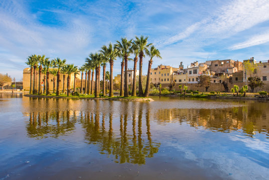 Jnan Sbil or Bou Jeloud garden, Royal Park in Fez with lake and palms, Fez Morocco