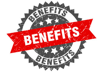 benefits grunge stamp with red band. benefits