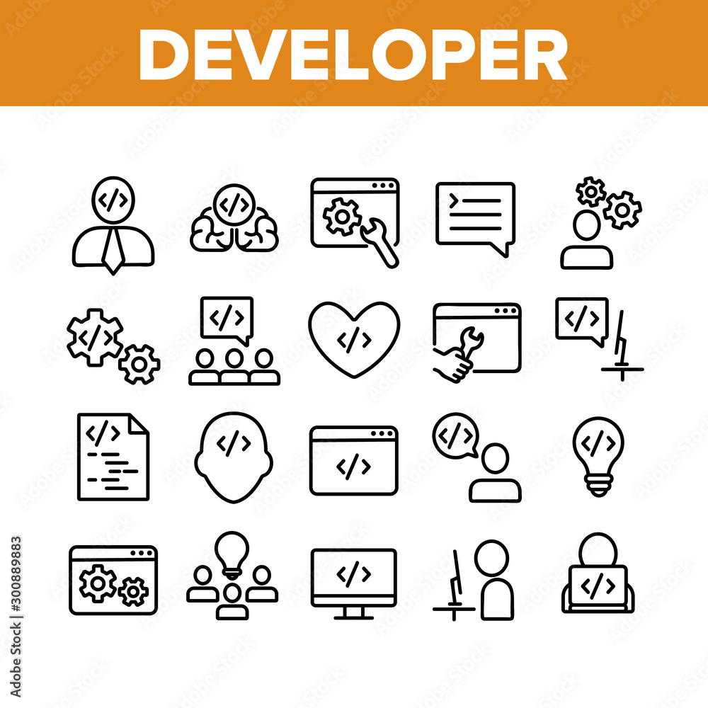 Poster developer collection elements icons set vector thin line. coder developer and human silhouette, gear