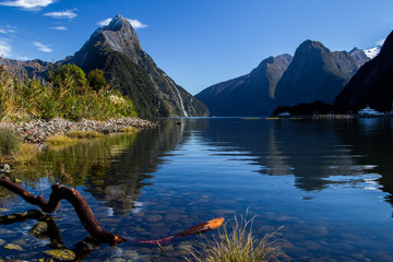 Colourful landscape of Mildford Sound reflected on water