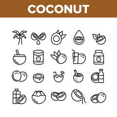 Coconut Food Collection Elements Icons Set Vector Thin Line. Coconut Milk And Oil, Tropical Palm And Drink, Beverage And Exotic Cocktail Concept Linear Pictograms. Monochrome Contour Illustrations