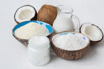 set of coconut products, butter, milk, flour, chips