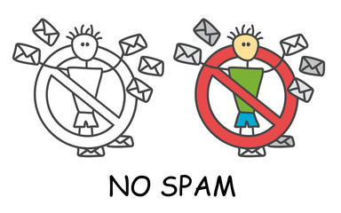 Funny vector stick man and many letters in children's style. Ban on spam sign red prohibition. Stop symbol. Prohibition icon sticker for area places. Isolated on white background.