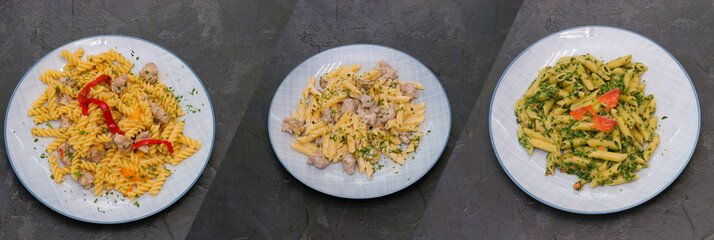 Collage, several kinds of pasta with spinach, red fish, tomato sauce, meat and cheese