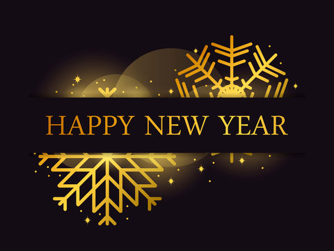 Happy New Year 2020, golden snowflakes on black background. Greeting card design template with gold gradient. Vector illustration