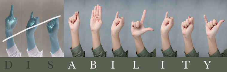 Banner of beautiful woman's hand doing sign languages of the word disability to empower, encourage...