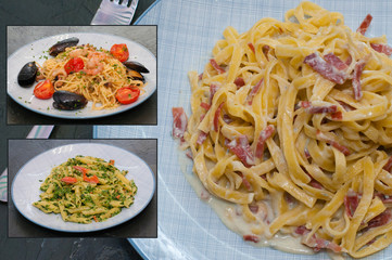 Pasta with spinach, red fish, tomato sauce, meat or sausage, tomatoes, seafood mussels and cheese. Multi cuisine gourmet collage