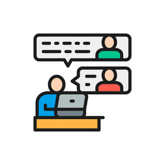 Communication between team members flat color line icon.