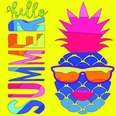 Crazy pineapple with lips and sunglasses and lettering Hello summer. Colorful cartoon vector illustration on yellow background.