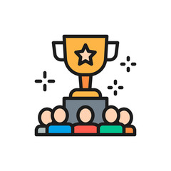 Awarding team for successful project flat color line icon.