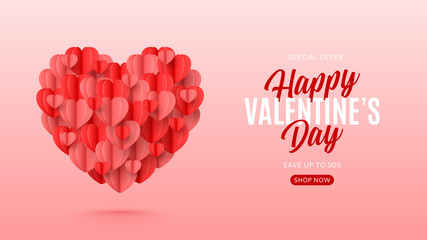 Valentine's Day sale banner in paper art style. Holiday banner with realistic flying heart. Festive vector illustration. Seasonal discount offer.