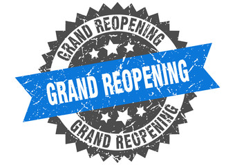 grand reopening grunge stamp with blue band. grand reopening