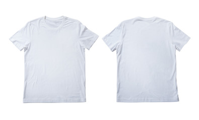 T-shirt design fashion concept, closeup of man and boy in blank white t-shirt, shirt front end rear isolated. Mock up. - obrazy, fototapety, plakaty