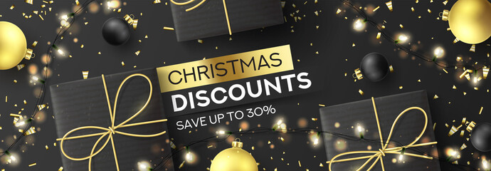 Christmas sale horizontal banner. Holiday background with realistic black gift boxes, sparkling light garlands, Christmas golden balls and golden confetti. Vector illustration. Seasonal discount.