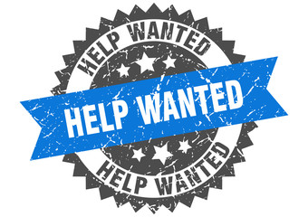 help wanted grunge stamp with blue band. help wanted