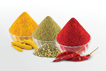 Turmeric, Chilly, Coriander Powder and Coriander Seeds, Dry Chilly, Turmeric Root - Image