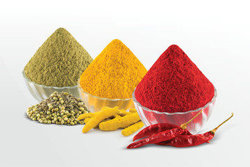 Turmeric, Chilly, Coriander Powder and Coriander Seeds, Dry Chilly, Turmeric Root - Image