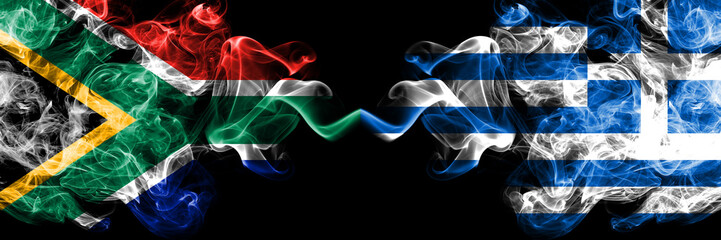 South Africa vs Greece, Greek smoky mystic flags placed side by side. Thick colored silky abstract smoke flags concept