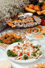 Decorated catering banquet table with different sushi rolls and sushi plate assortment on a party. Food for party. Delicious cuisine menu in tasty food restaurant. Table for banquets, weddings, partie