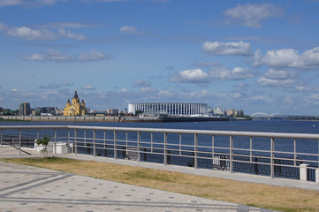 Panorama of the city of Nizhny Novgorod. Embankment, stadium