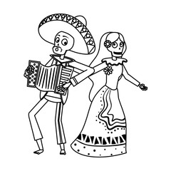 Obraz premium catrina and mariachi playing accordion couple characters