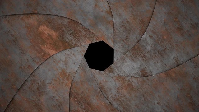 Rusty metal aperture transition. Animation of closing and opening lens aperture.