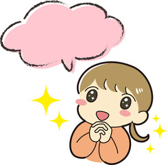 ときめく　女の子　吹き出し付き　感動　感激　キラキラ　笑顔　