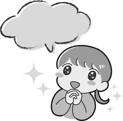 ときめく　女の子　吹き出し付き　感動　感激　キラキラ　笑顔　白黒