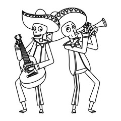 mexican mariachis skulls playing guitar and trumpet