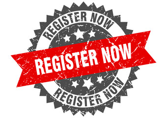 register now grunge stamp with red band. register now