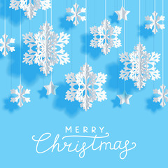 Christmas greeting card with paper snowflakes and stars on blue background for Your holiday design