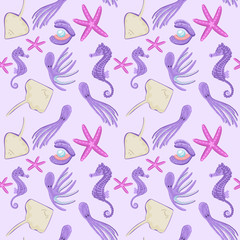Sea animal seamless pattern seahorse, octopus, starfish, stingrays and shell with pearl. Vector illustration