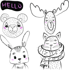 set cute animals skandinavian style, hahd draw doodle isolated